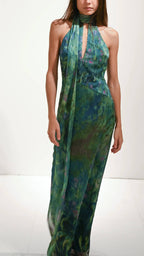 Women's Green Floral Maxi Dress | Halter Neck Open Back Evening Gown