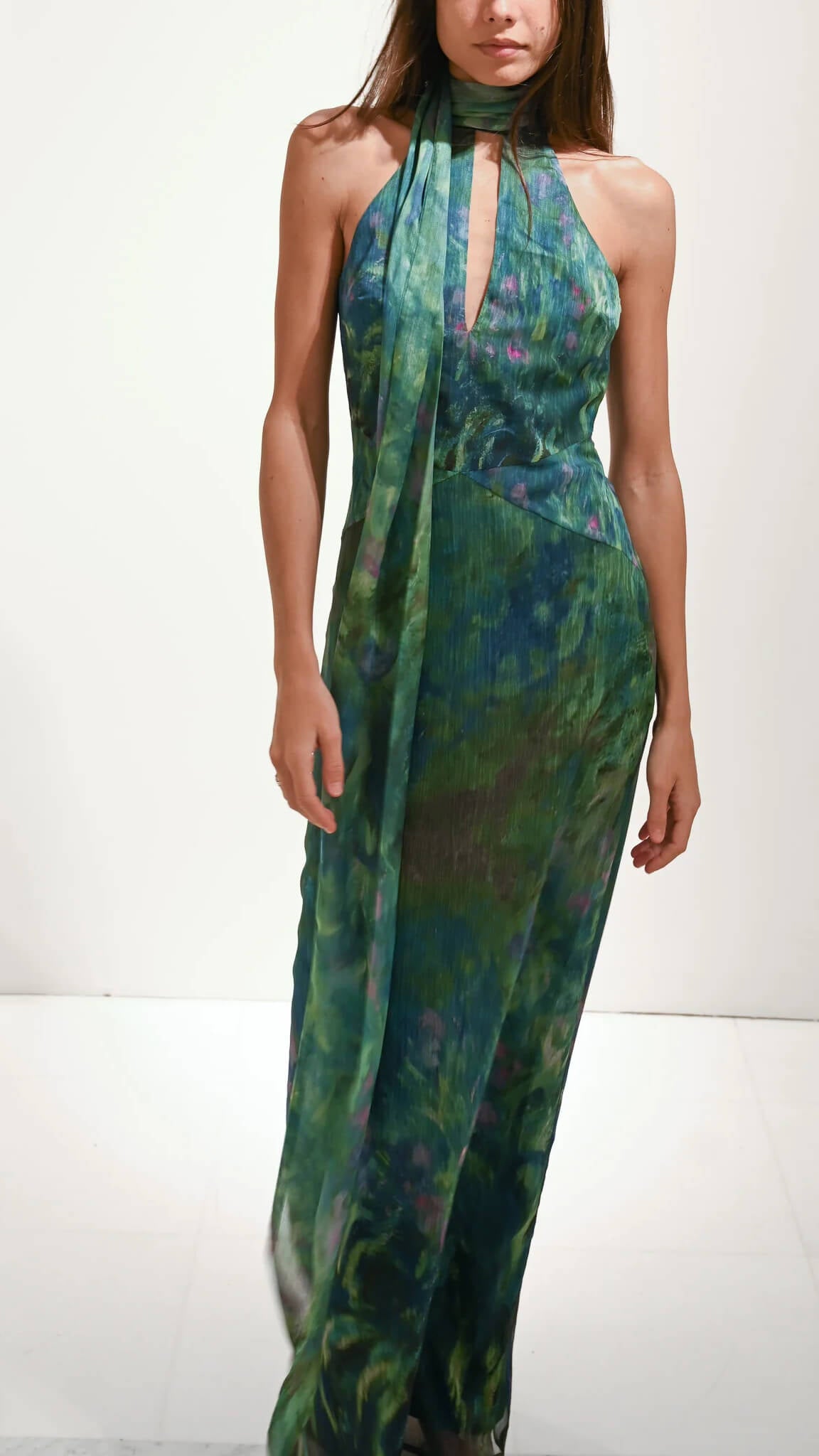 Women's Green Floral Maxi Dress | Halter Neck Open Back Evening Gown