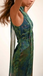 Women's Green Floral Maxi Dress | Halter Neck Open Back Evening Gown