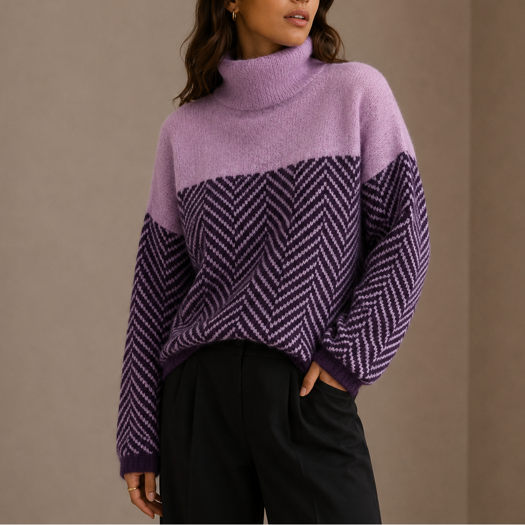 Women's Herringbone Turtleneck Jumper with Relaxed Fit