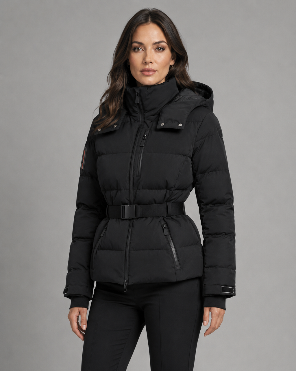 Women's Hooded Belted Puffer Jacket with Zip Pockets - Black