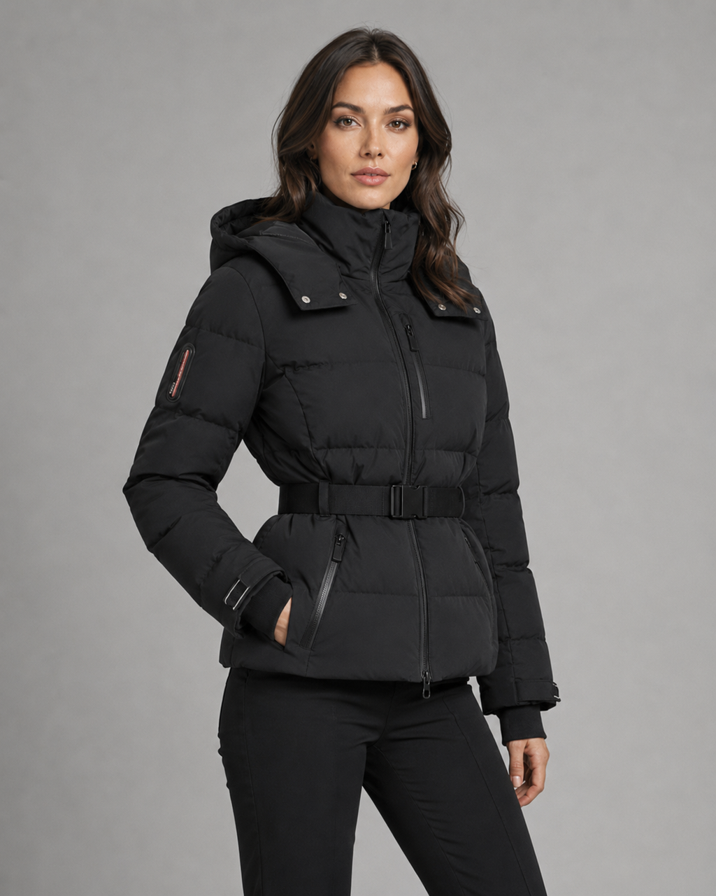 Women's Hooded Belted Puffer Jacket with Zip Pockets - Black
