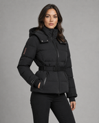 Women's Hooded Belted Puffer Jacket with Zip Pockets - Black