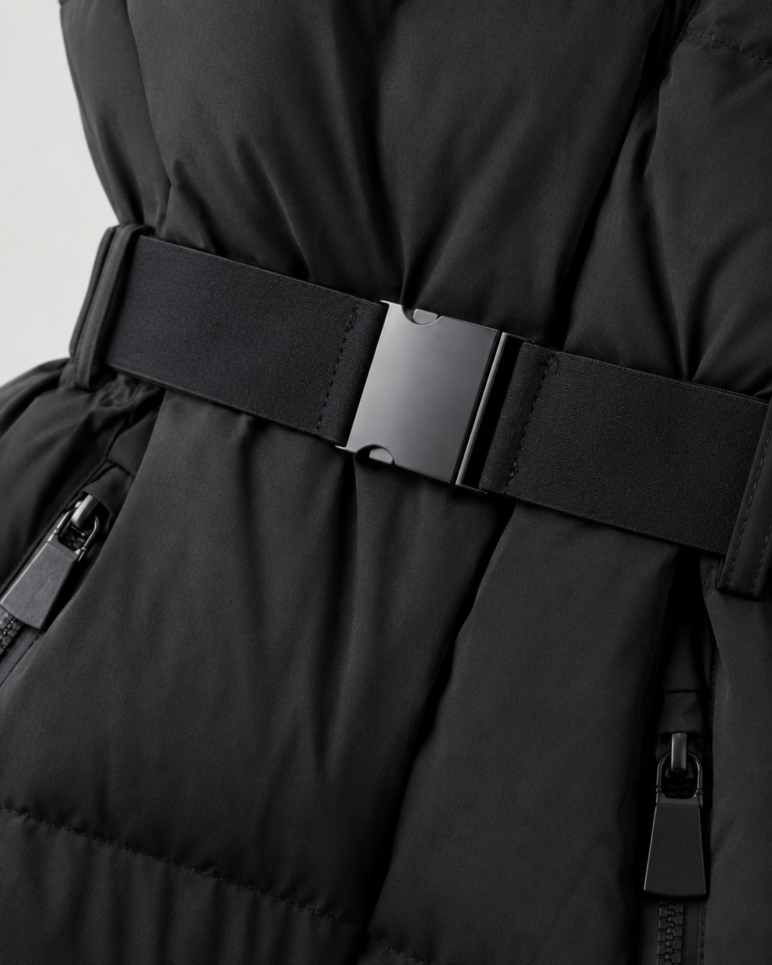 Women's Hooded Belted Puffer Jacket with Zip Pockets - Black