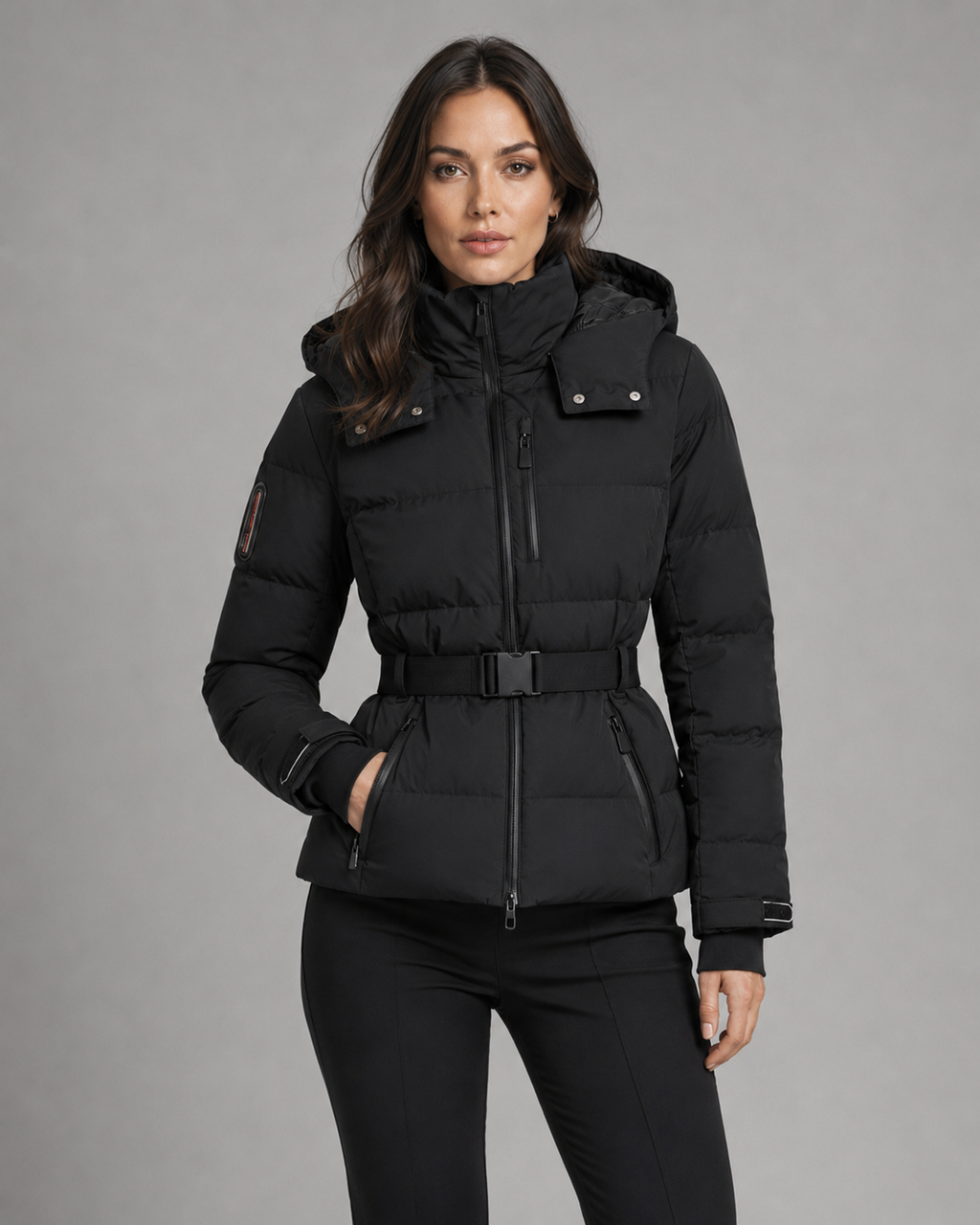 Women's Hooded Belted Puffer Jacket with Zip Pockets - Black