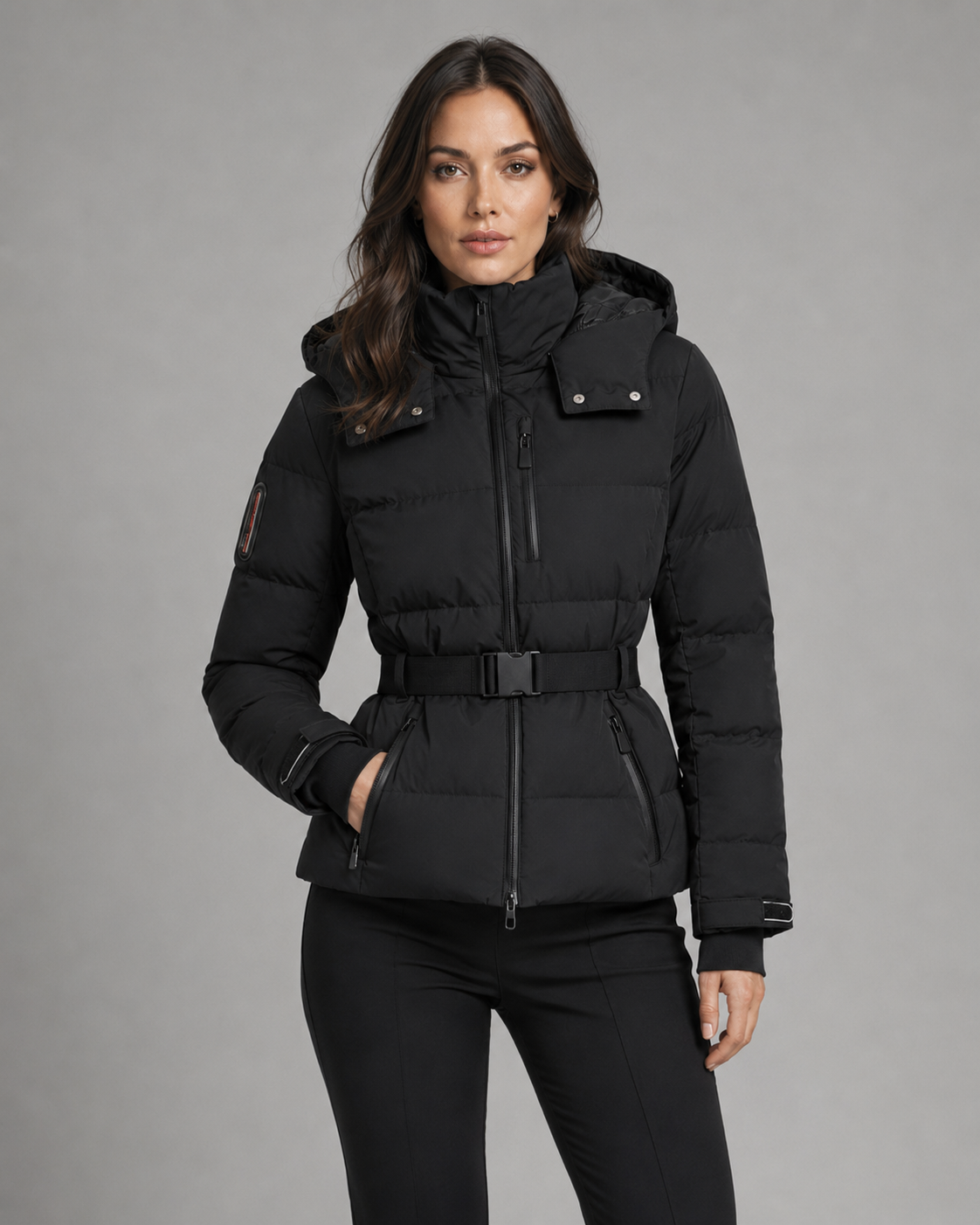 Women's Hooded Belted Puffer Jacket with Zip Pockets - Black