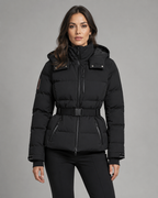 Women's Hooded Belted Puffer Jacket with Zip Pockets - Black
