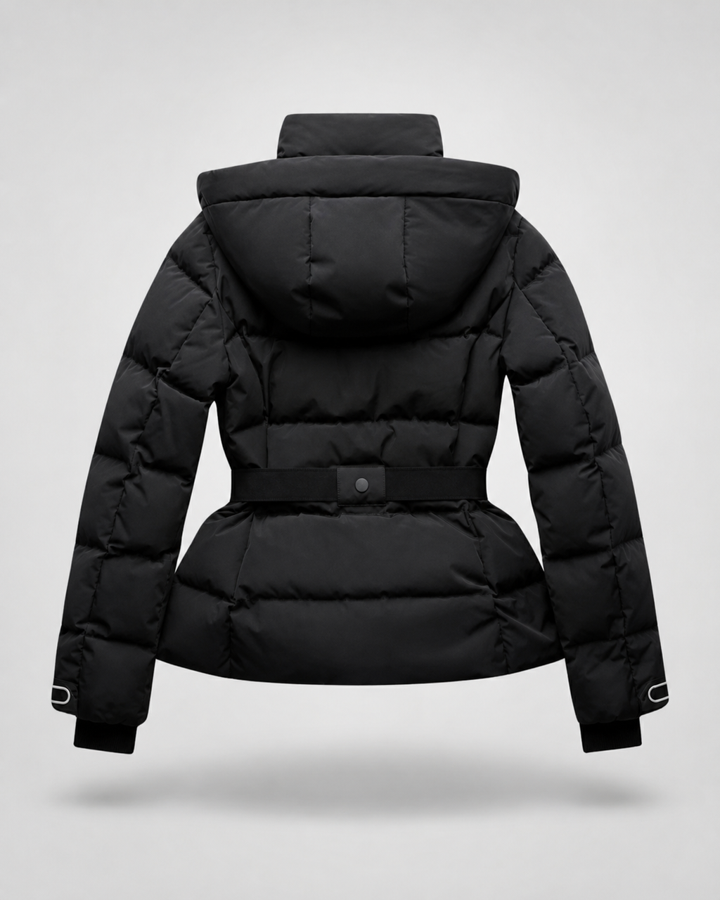 Women's Hooded Belted Puffer Jacket with Zip Pockets - Black