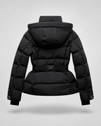 Women's Hooded Belted Puffer Jacket with Zip Pockets - Black