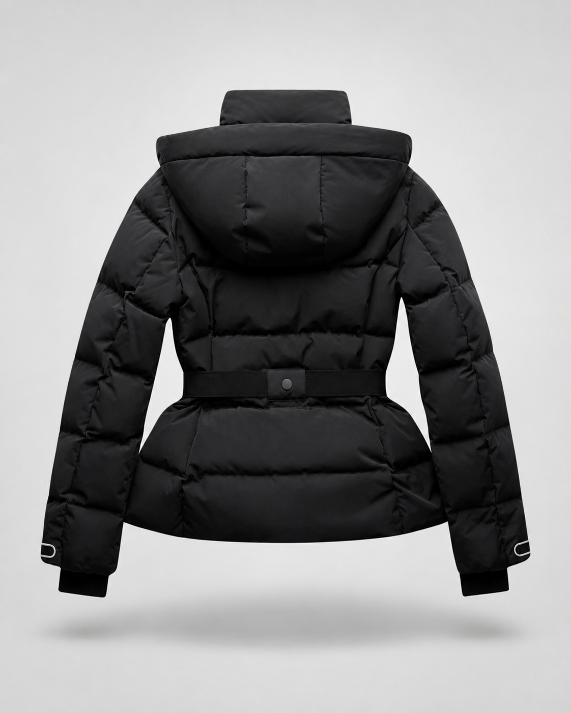 Women's Hooded Belted Puffer Jacket with Zip Pockets - Black