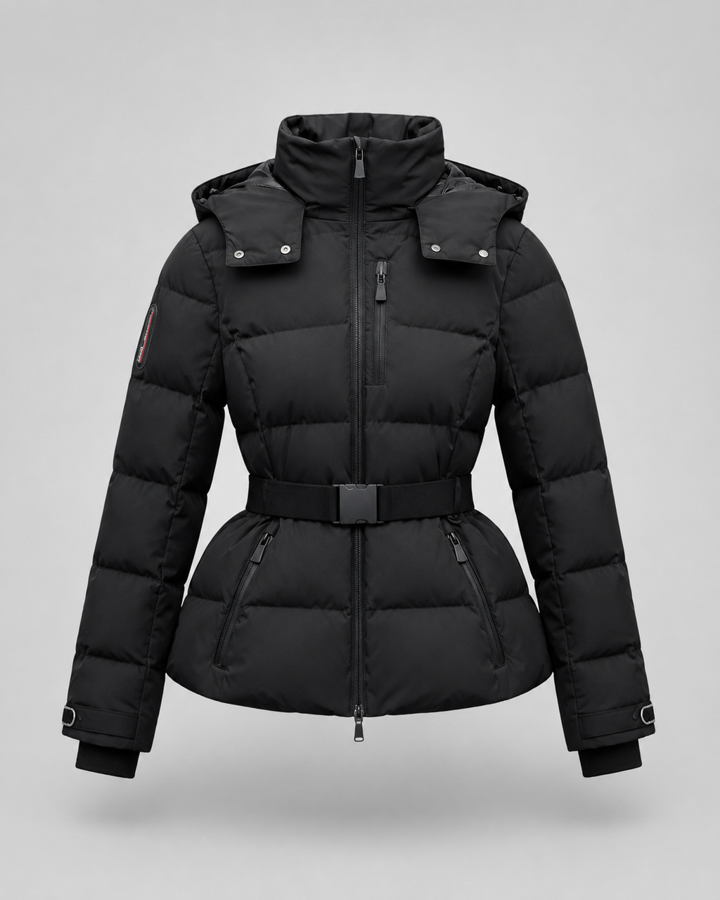 Women's Hooded Belted Puffer Jacket with Zip Pockets - Black