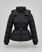 Women's Hooded Belted Puffer Jacket with Zip Pockets - Black