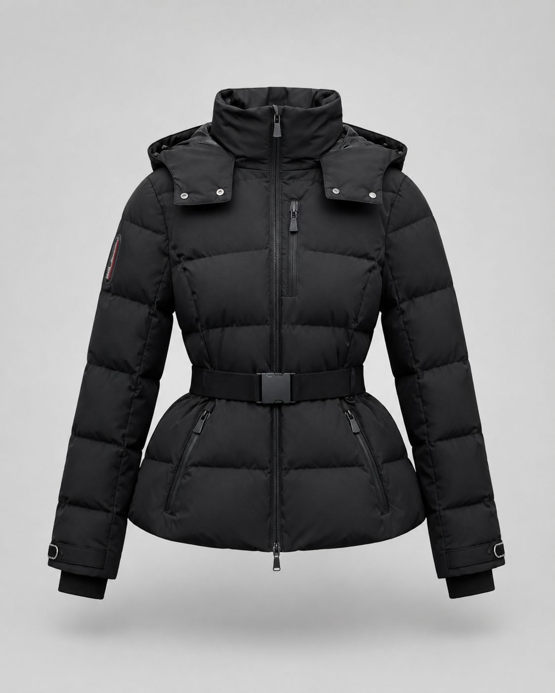 Women's Hooded Belted Puffer Jacket with Zip Pockets - Black