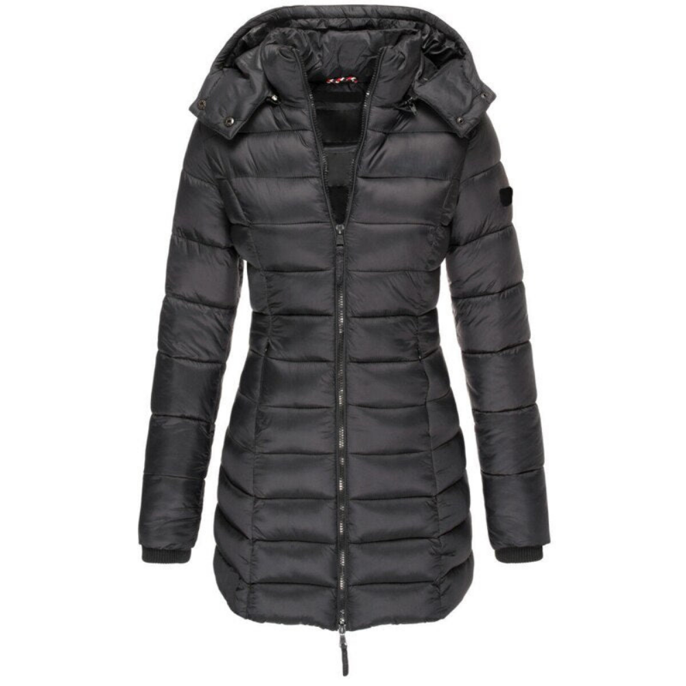 Women's Quilted Longline Puffer Jacket with Hood and Zip Front