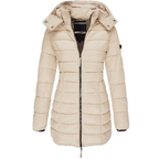 Women's Quilted Longline Puffer Jacket with Hood and Zip Front
