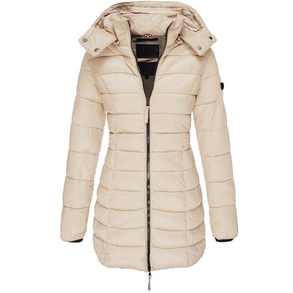Women's Quilted Longline Puffer Jacket with Hood and Zip Front