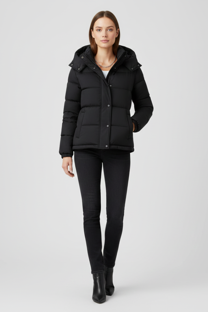 Women's Insulated Padded Jacket with Zip Front - Black