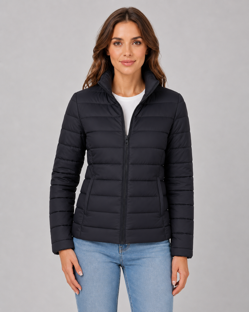 Women's Lightweight Puffer Jacket with Stand Collar and Zip Front