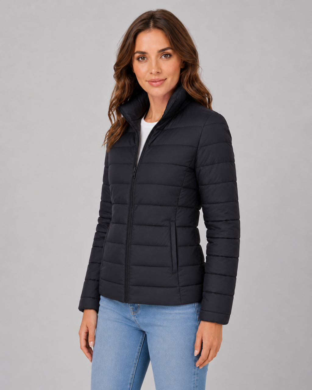 Women's Lightweight Puffer Jacket with Stand Collar and Zip Front
