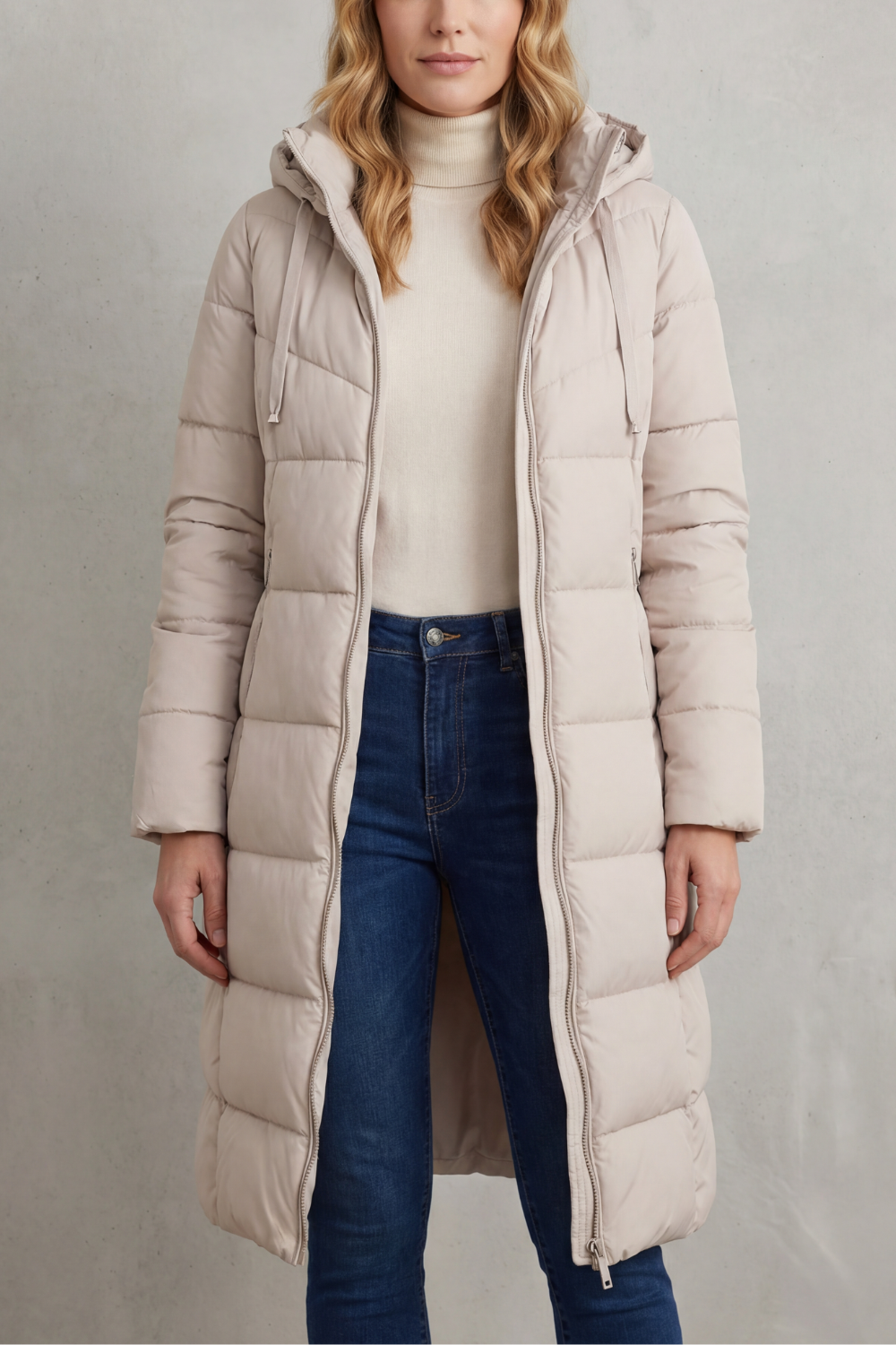 Women's Quilted Longline Puffer Jacket with Hood and Zip Front