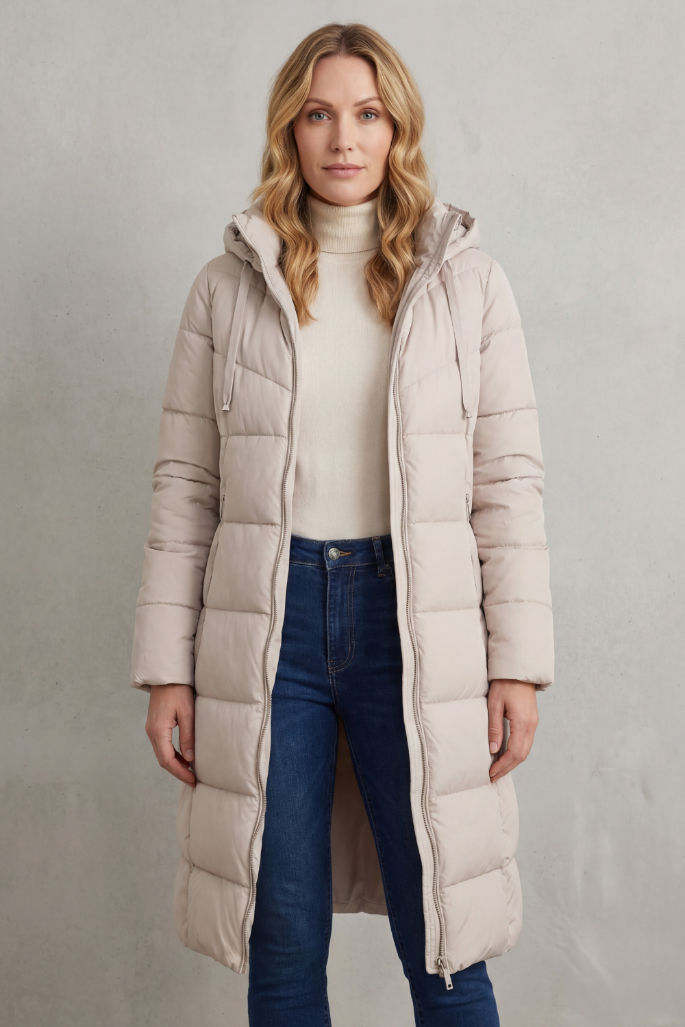 Women's Quilted Longline Puffer Jacket with Hood and Zip Front