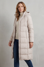 Women's Quilted Longline Puffer Jacket with Hood and Zip Front