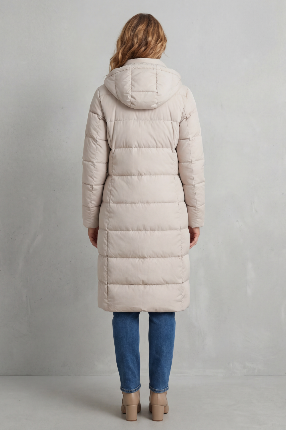 Women's Quilted Longline Puffer Jacket with Hood and Zip Front