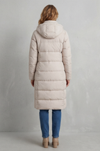 Women's Quilted Longline Puffer Jacket with Hood and Zip Front