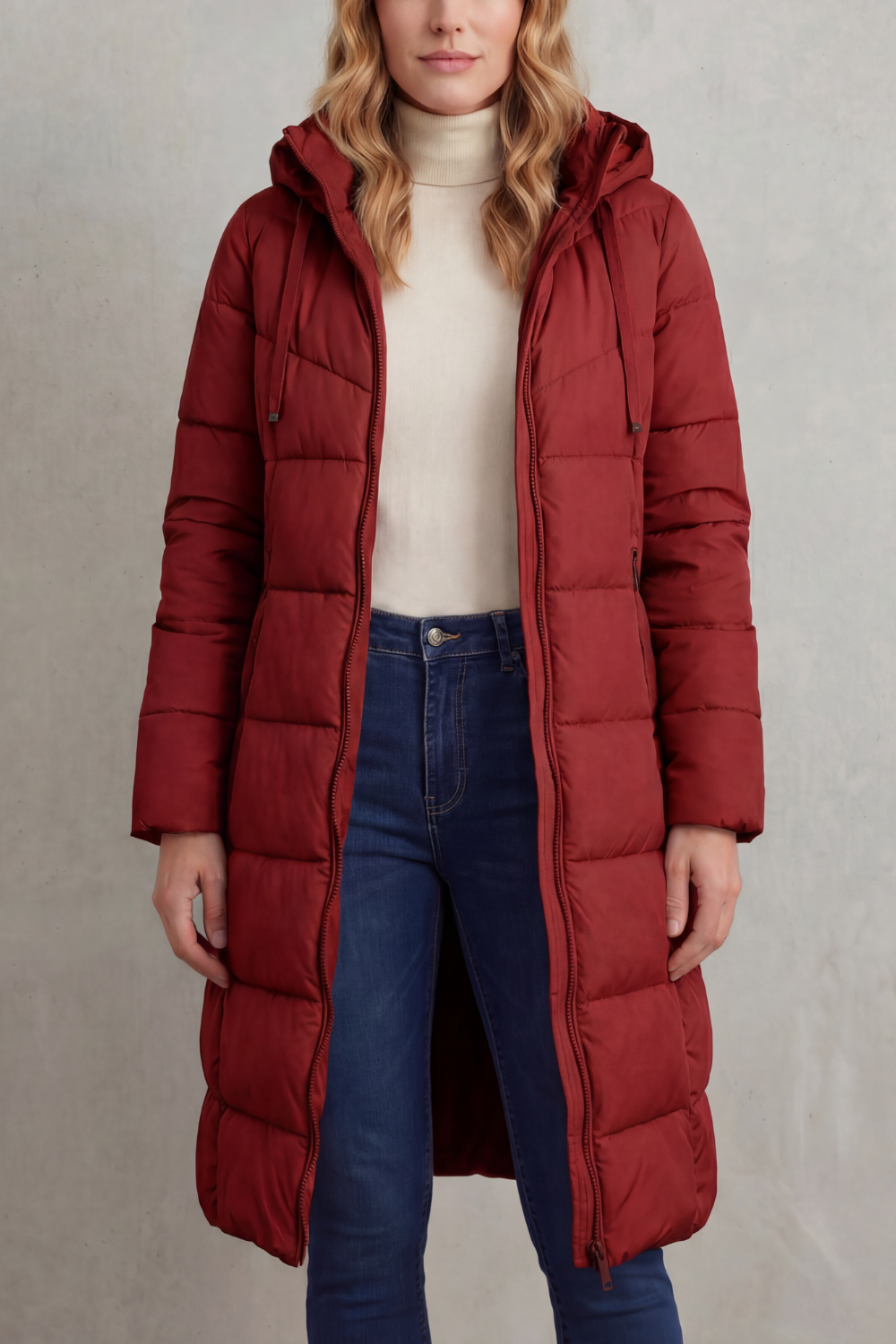 Women's Quilted Longline Puffer Jacket with Hood and Zip Front