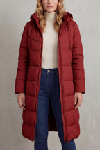 Women's Quilted Longline Puffer Jacket with Hood and Zip Front