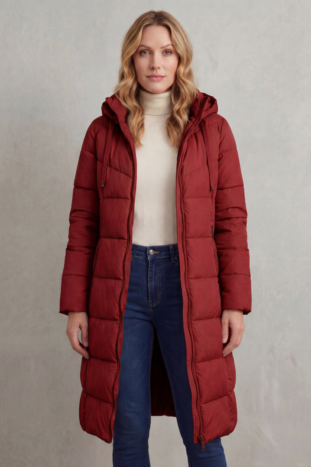 Women's Quilted Longline Puffer Jacket with Hood and Zip Front