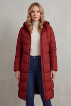 Women's Quilted Longline Puffer Jacket with Hood and Zip Front