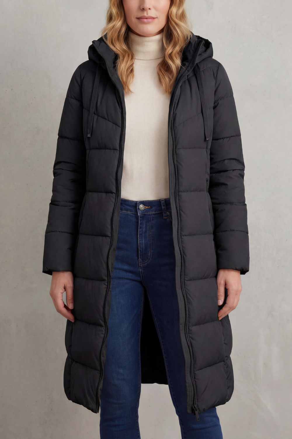 Women's Quilted Longline Puffer Jacket with Hood and Zip Front
