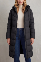 Women's Quilted Longline Puffer Jacket with Hood and Zip Front