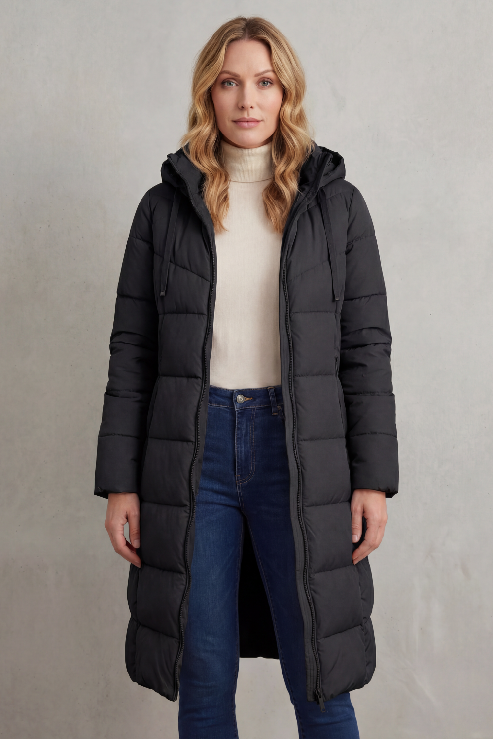 Women's Quilted Longline Puffer Jacket with Hood and Zip Front
