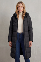 Women's Quilted Longline Puffer Jacket with Hood and Zip Front