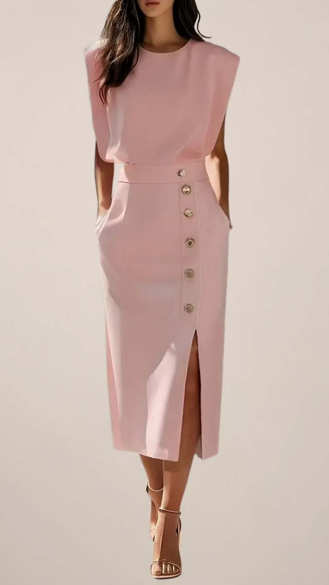 Women's Midi Dress | Sleeveless Button Side Slit Pencil Cocktail Dress