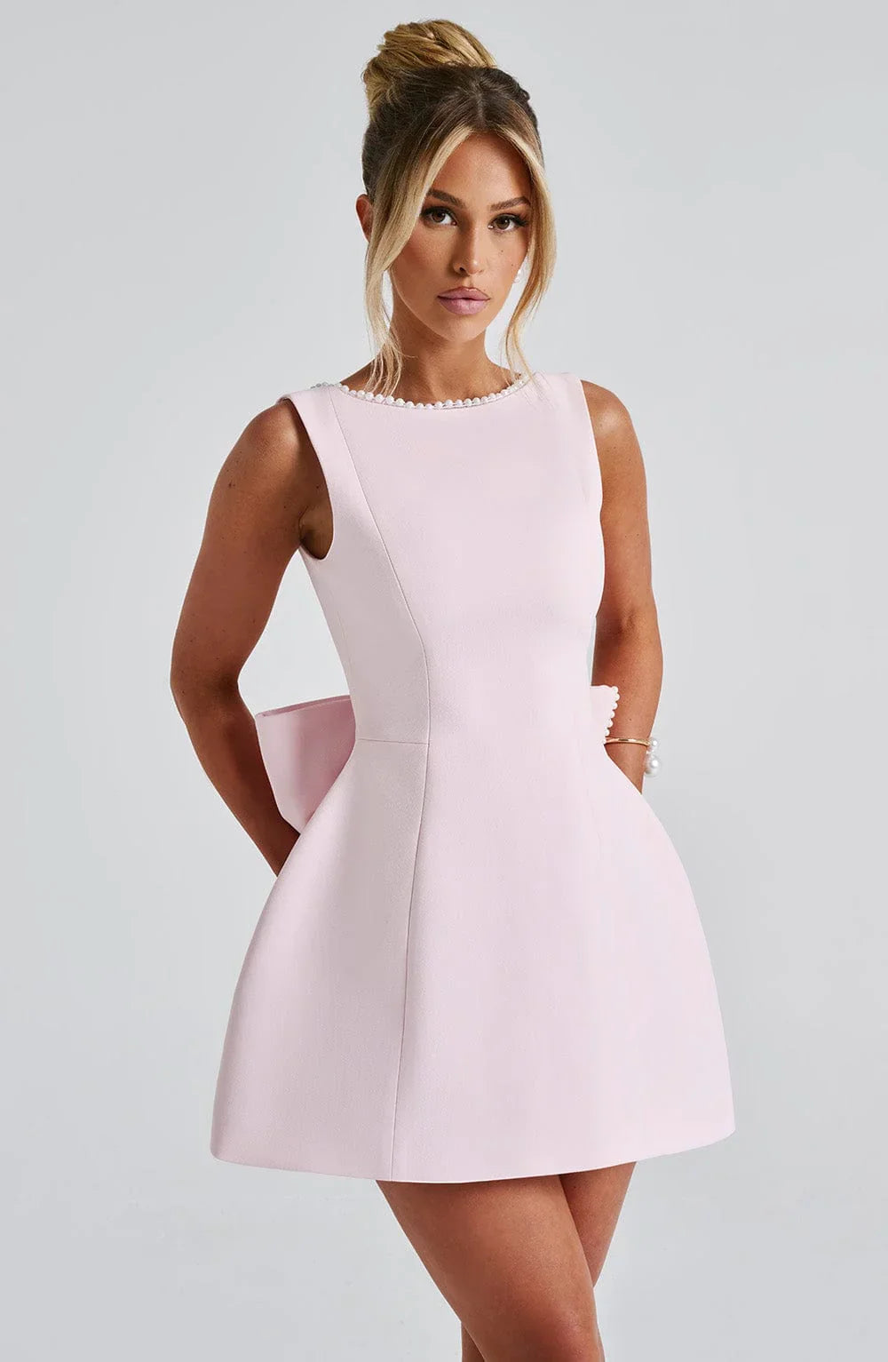 Women's Mini Dress | Sleeveless Bow Back Fit and Flare Party Skater