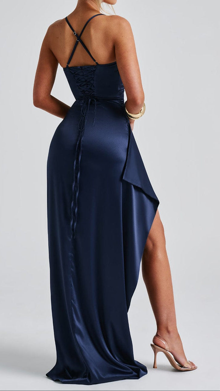 Women's Navy Satin Maxi Dress | Ruched High Slit Lace Up Evening Gown