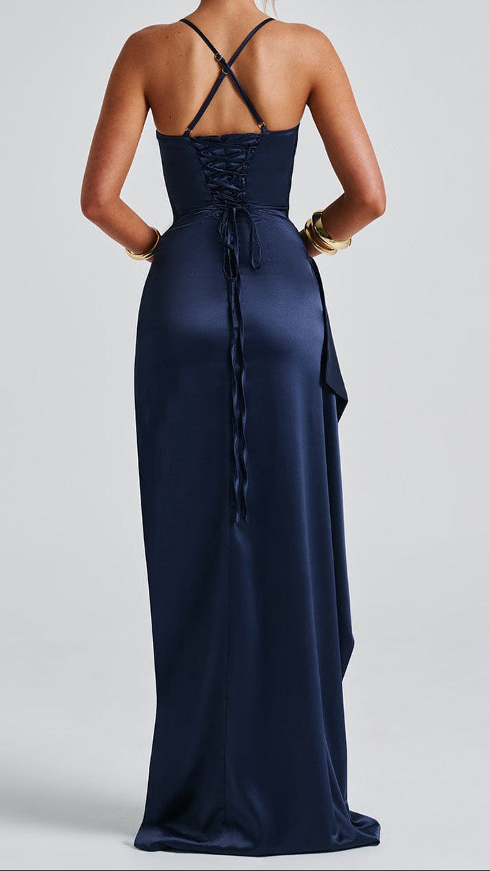 Women's Navy Satin Maxi Dress | Ruched High Slit Lace Up Evening Gown