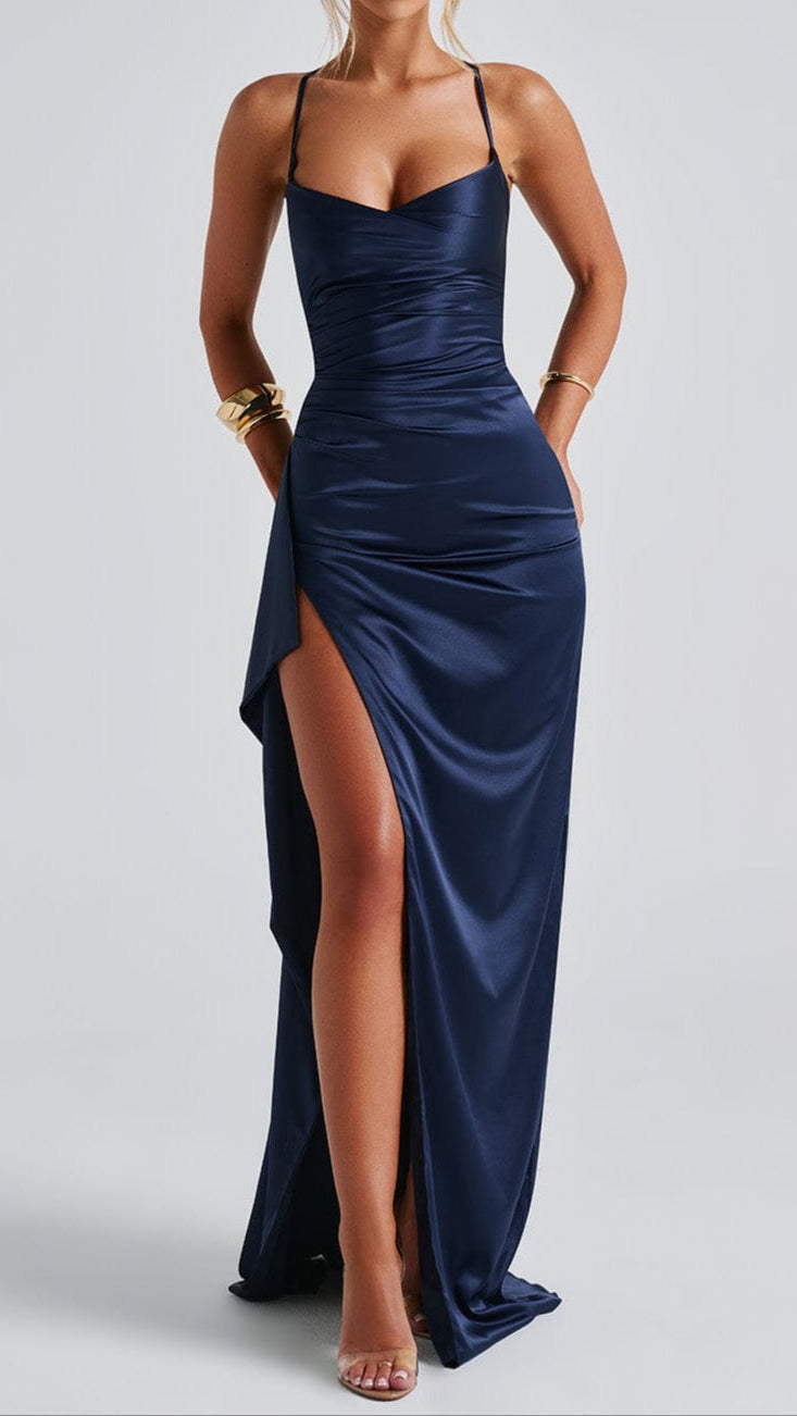Women's Navy Satin Maxi Dress | Ruched High Slit Lace Up Evening Gown