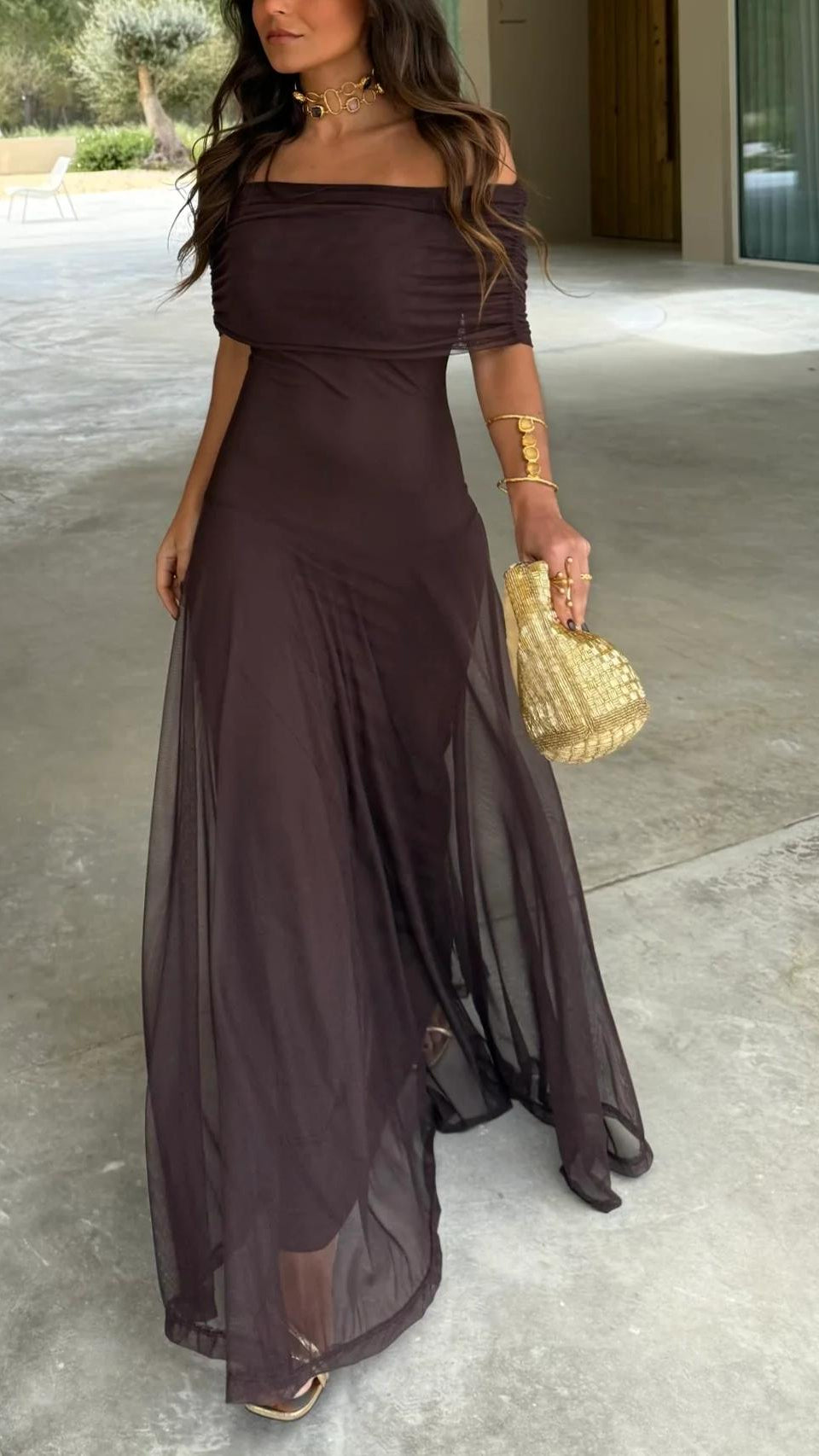 Women's Off Shoulder Maxi Dress | Chiffon A-Line Wedding Guest Gown