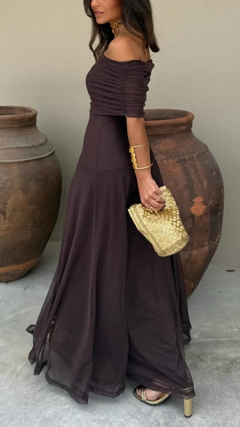 Women's Off Shoulder Maxi Dress | Chiffon A-Line Wedding Guest Gown