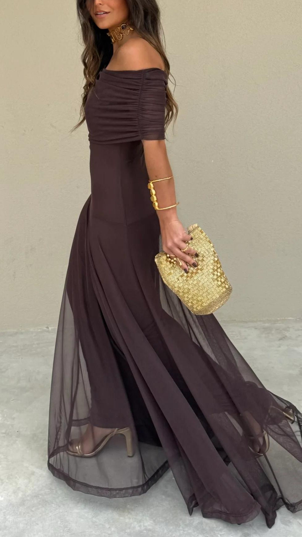 Women's Off Shoulder Maxi Dress | Chiffon A-Line Wedding Guest Gown