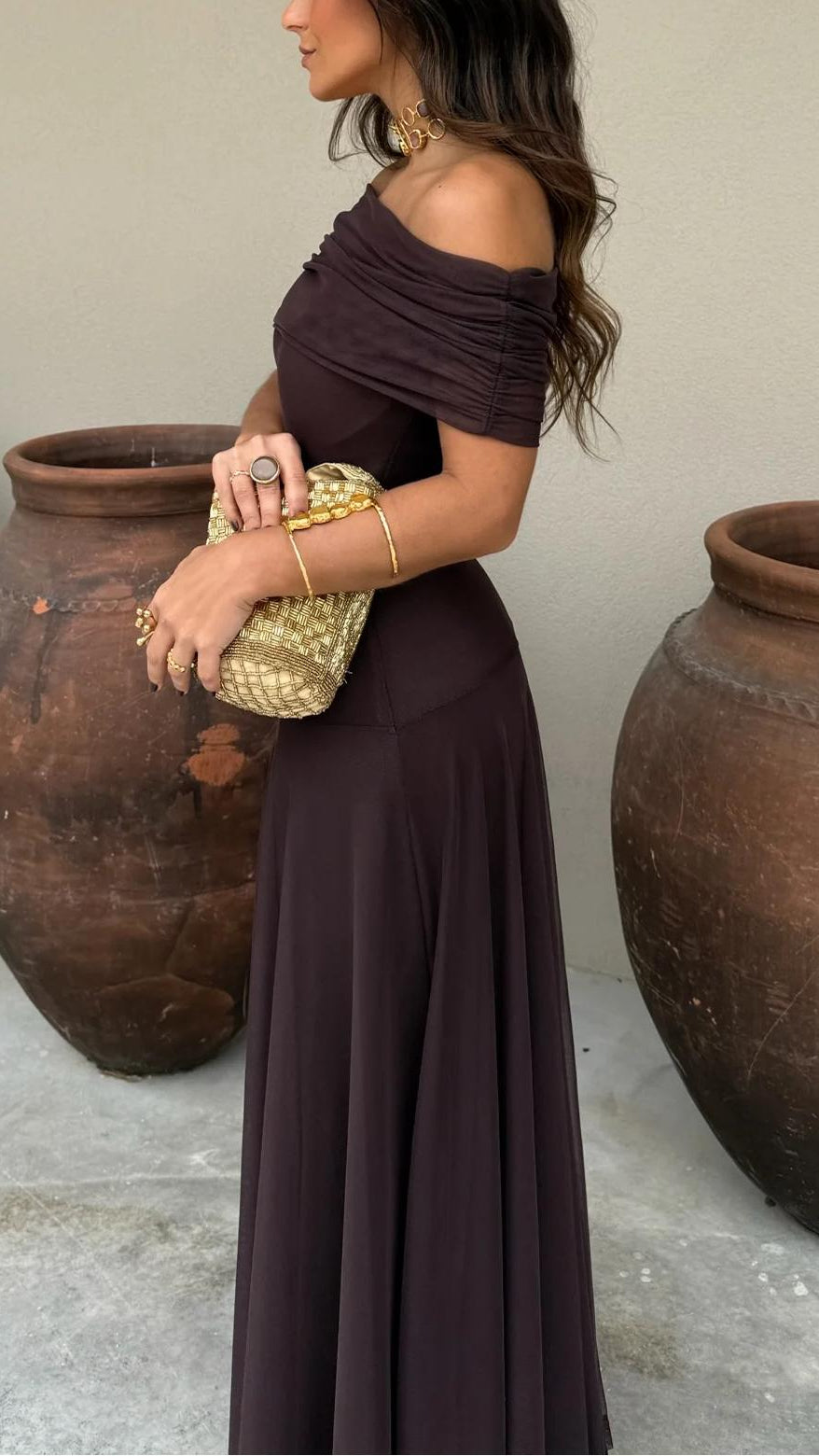 Women's Off Shoulder Maxi Dress | Chiffon A-Line Wedding Guest Gown