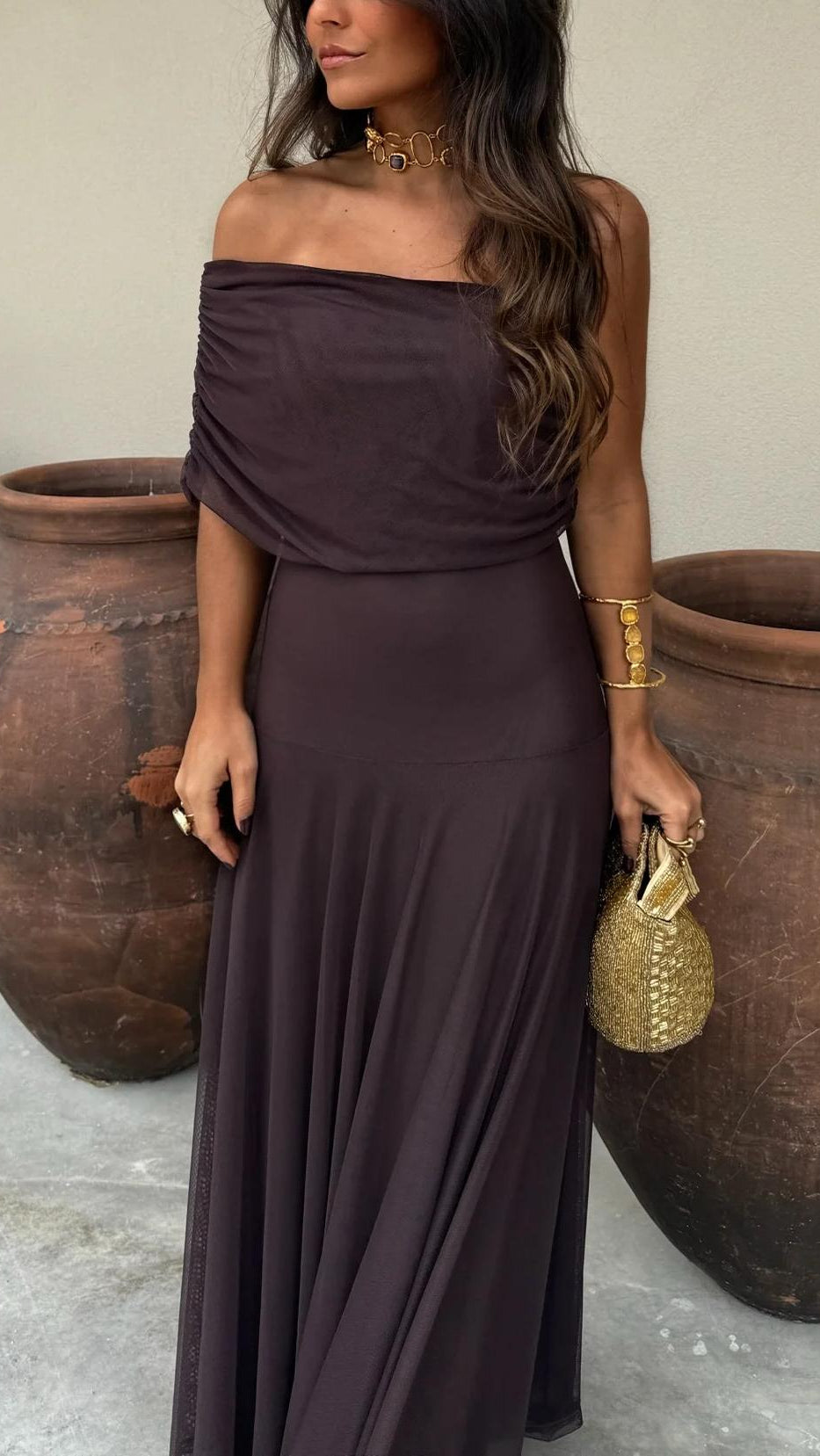 Women's Off Shoulder Maxi Dress | Chiffon A-Line Wedding Guest Gown