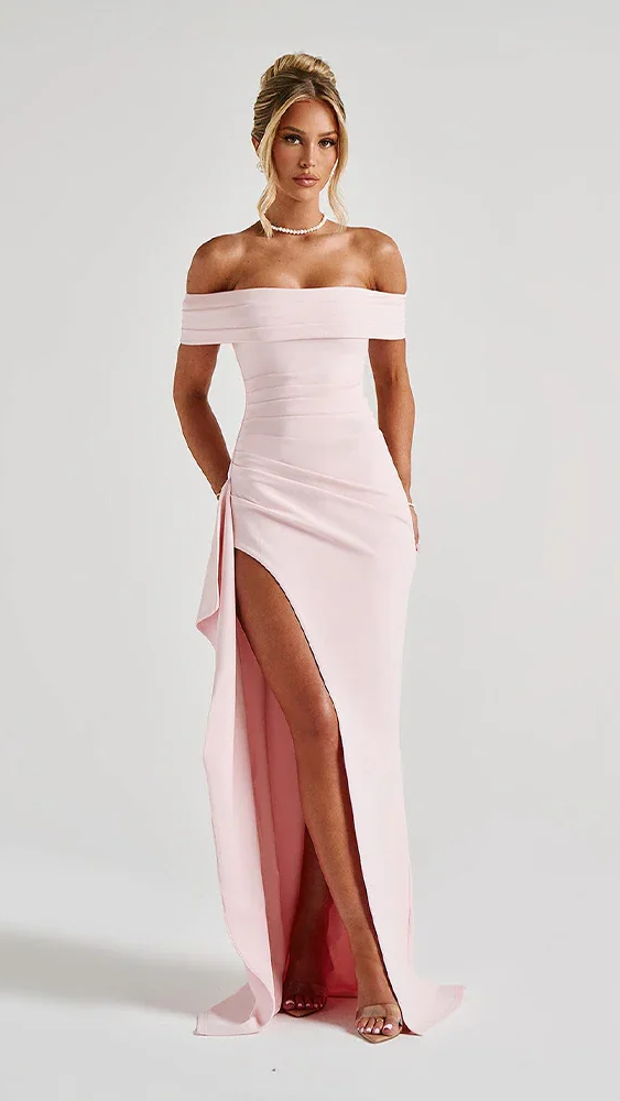 Women's Off Shoulder Maxi Dress | Long Sleeve High Slit Bodycon Gown