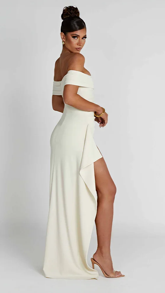 Women's Off Shoulder Maxi Dress | Long Sleeve High Slit Bodycon Gown