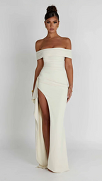 Women's Off Shoulder Maxi Dress | Long Sleeve High Slit Bodycon Gown