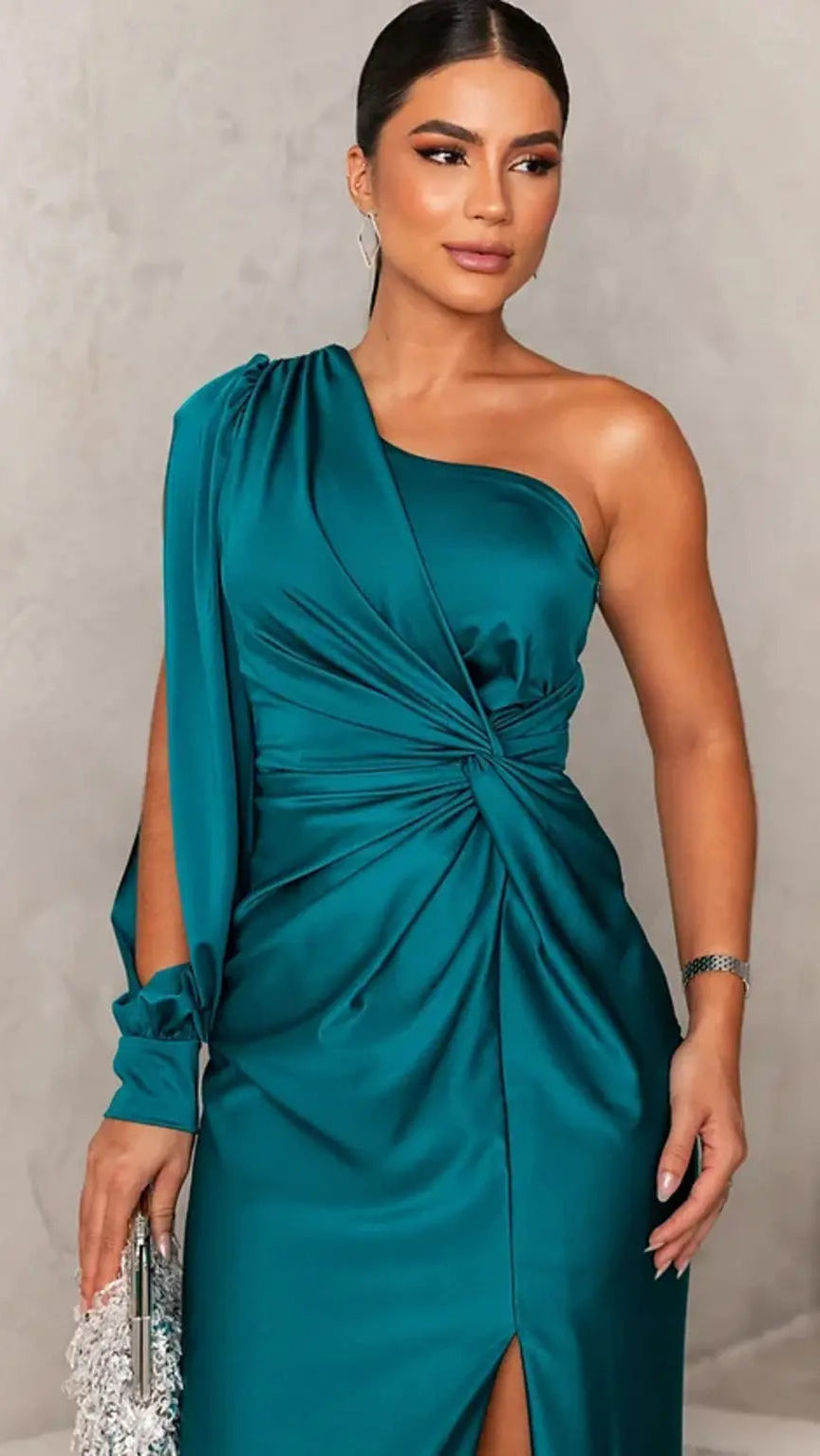 Women's One Shoulder Maxi Dress | Long Sleeve High Slit Satin Wedding Gown